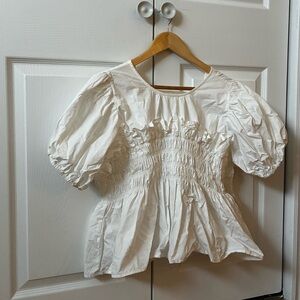 UNIQUE Japanese designer balloon sleeve smocked open-back top